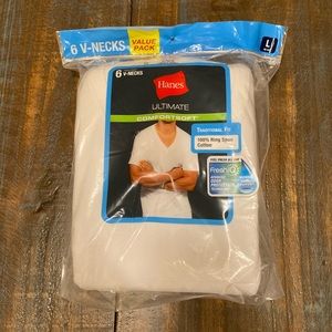 MEN’S HANES V-Neck White T-Shirts (6) size Large